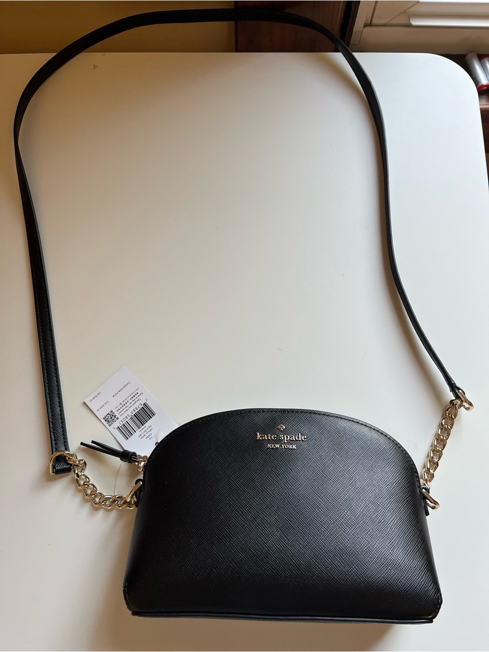 kate spade Cameron Hilli Black Saffiano Leather Dome Crossbody with Gold Chain